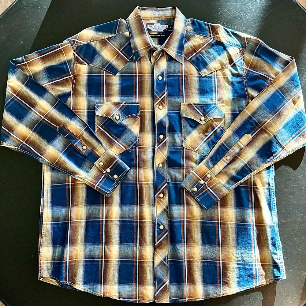 Brooks And Dunn Western Embroidered Pearl Snap Panhandle Slim Blue Shirt XL